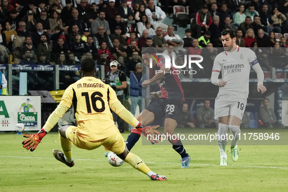 Gabriele Zappa (#28 Cagliari Calcio) scores a goal during the Serie A TIM match between Cagliari Calcio and AC Milan in Italy on November 9,...