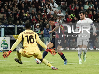 Gabriele Zappa (#28 Cagliari Calcio) scores a goal during the Serie A TIM match between Cagliari Calcio and AC Milan in Italy on November 9,...