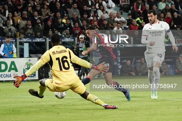 Gabriele Zappa (#28 Cagliari Calcio) scores a goal during the Serie A TIM match between Cagliari Calcio and AC Milan in Italy on November 9,...