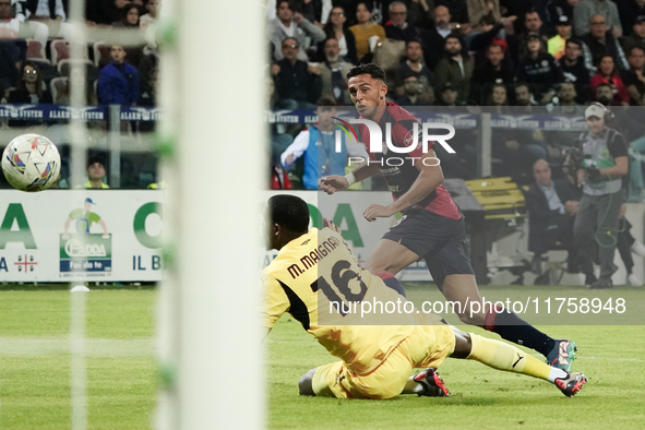 Gabriele Zappa (#28 Cagliari Calcio) scores a goal during the Serie A TIM match between Cagliari Calcio and AC Milan in Italy on November 9,...