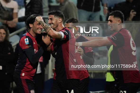 Gabriele Zappa (#28 Cagliari Calcio) celebrates during the Serie A TIM match between Cagliari Calcio and AC Milan in Italy on November 9, 20...