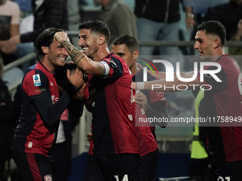 Gabriele Zappa (#28 Cagliari Calcio) celebrates during the Serie A TIM match between Cagliari Calcio and AC Milan in Italy on November 9, 20...