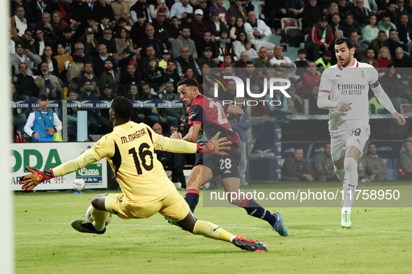 Gabriele Zappa (#28 Cagliari Calcio) scores a goal during the Serie A TIM match between Cagliari Calcio and AC Milan in Italy on November 9,...