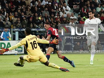 Gabriele Zappa (#28 Cagliari Calcio) scores a goal during the Serie A TIM match between Cagliari Calcio and AC Milan in Italy on November 9,...