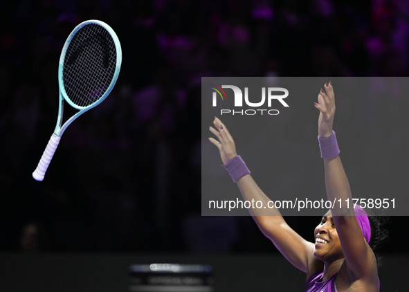 RIYADH, SAUDI ARABIA - NOVEMBER 09: Coco Gauff of USA celebrates after winning the Final match against Quinwen Zheng of China on Day 8 of th...