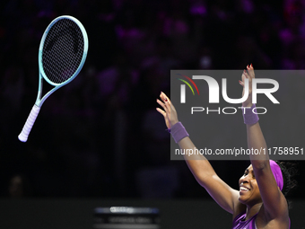 RIYADH, SAUDI ARABIA - NOVEMBER 09: Coco Gauff of USA celebrates after winning the Final match against Quinwen Zheng of China on Day 8 of th...