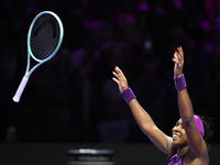 RIYADH, SAUDI ARABIA - NOVEMBER 09: Coco Gauff of USA celebrates after winning the Final match against Quinwen Zheng of China on Day 8 of th...