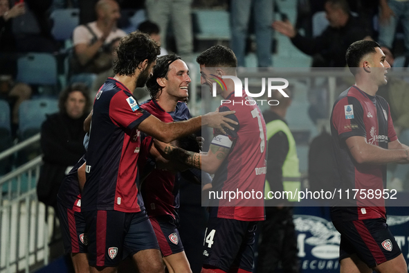 Gabriele Zappa (#28 Cagliari Calcio) celebrates during the Serie A TIM match between Cagliari Calcio and AC Milan in Italy on November 9, 20...