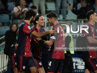 Gabriele Zappa (#28 Cagliari Calcio) celebrates during the Serie A TIM match between Cagliari Calcio and AC Milan in Italy on November 9, 20...