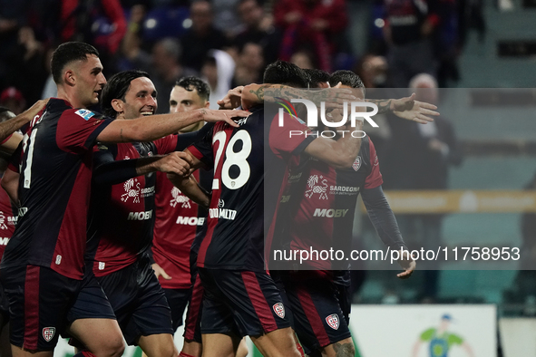 Gabriele Zappa (#28 Cagliari Calcio) celebrates during the Serie A TIM match between Cagliari Calcio and AC Milan in Italy on November 9, 20...