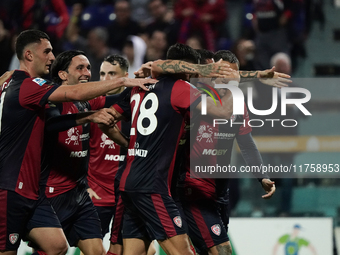 Gabriele Zappa (#28 Cagliari Calcio) celebrates during the Serie A TIM match between Cagliari Calcio and AC Milan in Italy on November 9, 20...