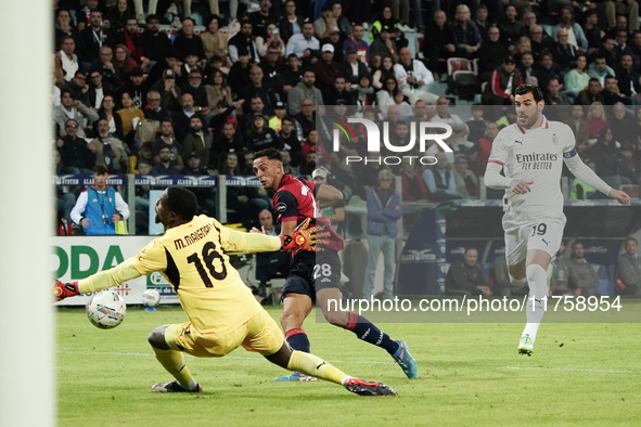 Gabriele Zappa (#28 Cagliari Calcio) scores a goal during the Serie A TIM match between Cagliari Calcio and AC Milan in Italy on November 9,...