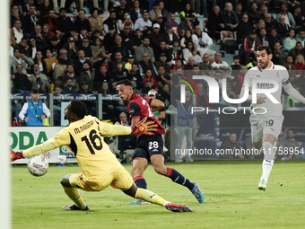 Gabriele Zappa (#28 Cagliari Calcio) scores a goal during the Serie A TIM match between Cagliari Calcio and AC Milan in Italy on November 9,...