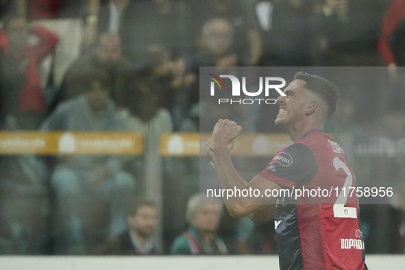 Gabriele Zappa (#28 Cagliari Calcio) celebrates during the Serie A TIM match between Cagliari Calcio and AC Milan in Italy on November 9, 20...