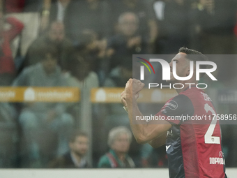 Gabriele Zappa (#28 Cagliari Calcio) celebrates during the Serie A TIM match between Cagliari Calcio and AC Milan in Italy on November 9, 20...