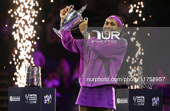 RIYADH, SAUDI ARABIA - NOVEMBER 09: Coco Gauff of USA celebrates after winning the Final match against Quinwen Zheng of China on Day 8 of th...