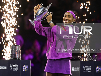 RIYADH, SAUDI ARABIA - NOVEMBER 09: Coco Gauff of USA celebrates after winning the Final match against Quinwen Zheng of China on Day 8 of th...