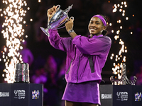 RIYADH, SAUDI ARABIA - NOVEMBER 09: Coco Gauff of USA celebrates after winning the Final match against Quinwen Zheng of China on Day 8 of th...