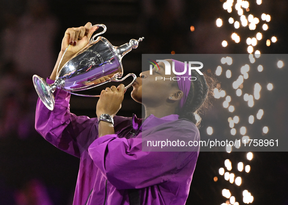 RIYADH, SAUDI ARABIA - NOVEMBER 09: Coco Gauff of USA celebrates after winning the Final match against Quinwen Zheng of China on Day 8 of th...