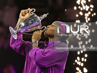 RIYADH, SAUDI ARABIA - NOVEMBER 09: Coco Gauff of USA celebrates after winning the Final match against Quinwen Zheng of China on Day 8 of th...