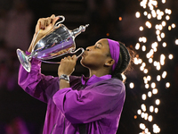 RIYADH, SAUDI ARABIA - NOVEMBER 09: Coco Gauff of USA celebrates after winning the Final match against Quinwen Zheng of China on Day 8 of th...