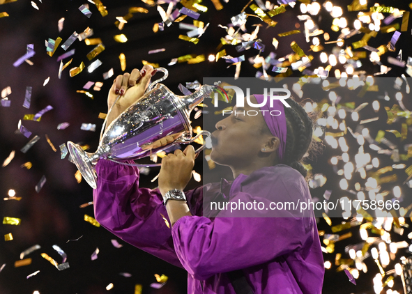 RIYADH, SAUDI ARABIA - NOVEMBER 09: Coco Gauff of USA celebrates after winning the Final match against Quinwen Zheng of China on Day 8 of th...