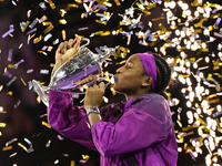 RIYADH, SAUDI ARABIA - NOVEMBER 09: Coco Gauff of USA celebrates after winning the Final match against Quinwen Zheng of China on Day 8 of th...