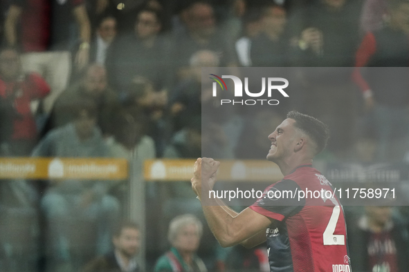 Gabriele Zappa (#28 Cagliari Calcio) celebrates during the Serie A TIM match between Cagliari Calcio and AC Milan in Italy on November 9, 20...