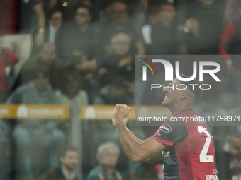 Gabriele Zappa (#28 Cagliari Calcio) celebrates during the Serie A TIM match between Cagliari Calcio and AC Milan in Italy on November 9, 20...