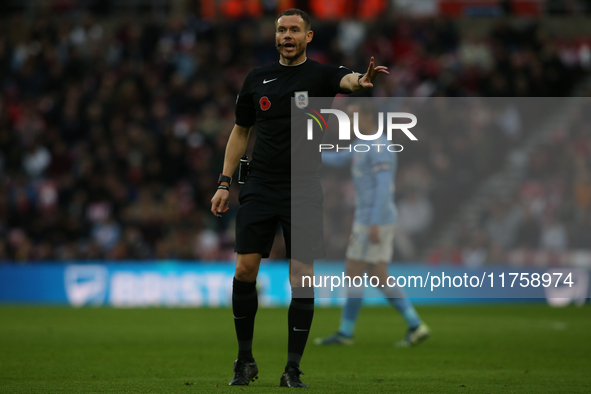 Referee Leigh Doughty officiates during the Sky Bet Championship match between Sunderland and Coventry City at the Stadium Of Light in Sunde...