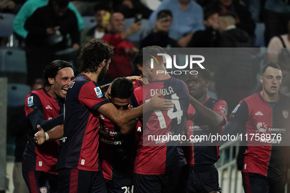 Gabriele Zappa (#28 Cagliari Calcio) celebrates during the Serie A TIM match between Cagliari Calcio and AC Milan in Italy on November 9, 20...