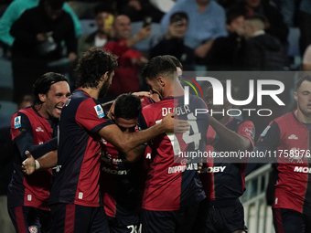 Gabriele Zappa (#28 Cagliari Calcio) celebrates during the Serie A TIM match between Cagliari Calcio and AC Milan in Italy on November 9, 20...