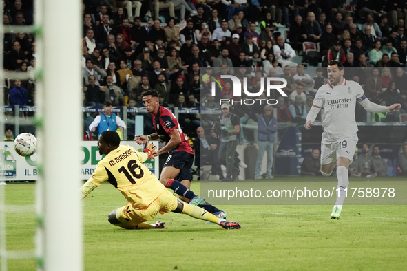 Gabriele Zappa (#28 Cagliari Calcio) scores a goal during the Serie A TIM match between Cagliari Calcio and AC Milan in Italy on November 9,...