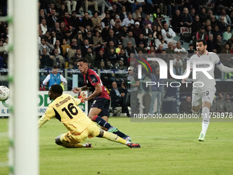 Gabriele Zappa (#28 Cagliari Calcio) scores a goal during the Serie A TIM match between Cagliari Calcio and AC Milan in Italy on November 9,...