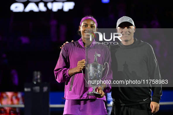 RIYADH, SAUDI ARABIA - NOVEMBER 09: Coco Gauff of USA during the Final match against Quinwen Zheng of China on Day 8 of the 2024 WTA Finals,...