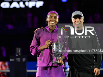 RIYADH, SAUDI ARABIA - NOVEMBER 09: Coco Gauff of USA during the Final match against Quinwen Zheng of China on Day 8 of the 2024 WTA Finals,...