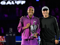 RIYADH, SAUDI ARABIA - NOVEMBER 09: Coco Gauff of USA during the Final match against Quinwen Zheng of China on Day 8 of the 2024 WTA Finals,...