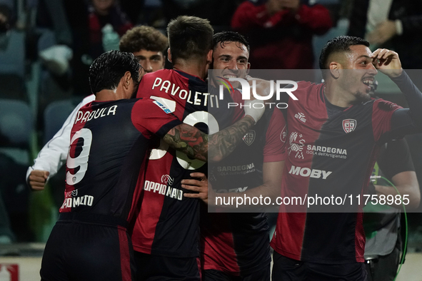 Gabriele Zappa (#28 Cagliari Calcio) celebrates during the Serie A TIM match between Cagliari Calcio and AC Milan in Italy on November 9, 20...