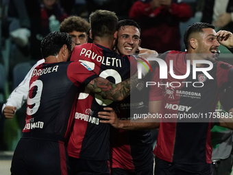 Gabriele Zappa (#28 Cagliari Calcio) celebrates during the Serie A TIM match between Cagliari Calcio and AC Milan in Italy on November 9, 20...