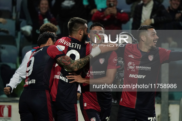 Gabriele Zappa (#28 Cagliari Calcio) celebrates during the Serie A TIM match between Cagliari Calcio and AC Milan in Italy on November 9, 20...