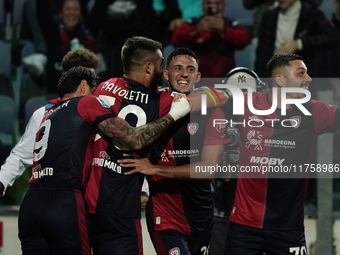 Gabriele Zappa (#28 Cagliari Calcio) celebrates during the Serie A TIM match between Cagliari Calcio and AC Milan in Italy on November 9, 20...