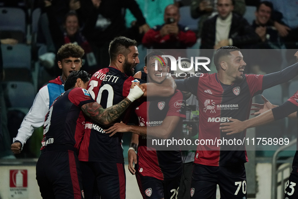 Gabriele Zappa (#28 Cagliari Calcio) celebrates during the Serie A TIM match between Cagliari Calcio and AC Milan in Italy on November 9, 20...