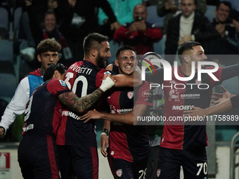 Gabriele Zappa (#28 Cagliari Calcio) celebrates during the Serie A TIM match between Cagliari Calcio and AC Milan in Italy on November 9, 20...