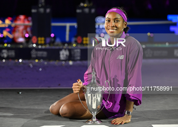 RIYADH, SAUDI ARABIA - NOVEMBER 09: Coco Gauff of USA celebrates after winning the Final match against Quinwen Zheng of China on Day 8 of th...