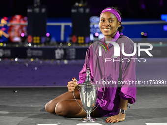 RIYADH, SAUDI ARABIA - NOVEMBER 09: Coco Gauff of USA celebrates after winning the Final match against Quinwen Zheng of China on Day 8 of th...