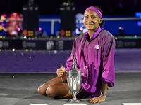 RIYADH, SAUDI ARABIA - NOVEMBER 09: Coco Gauff of USA celebrates after winning the Final match against Quinwen Zheng of China on Day 8 of th...