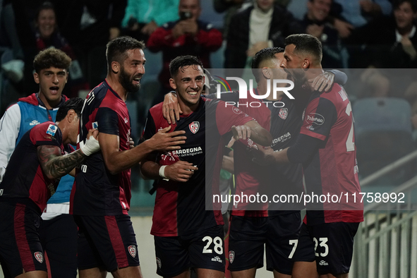 Gabriele Zappa (#28 Cagliari Calcio) celebrates during the Serie A TIM match between Cagliari Calcio and AC Milan in Italy on November 9, 20...