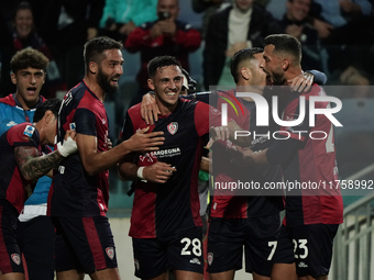 Gabriele Zappa (#28 Cagliari Calcio) celebrates during the Serie A TIM match between Cagliari Calcio and AC Milan in Italy on November 9, 20...