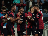 Gabriele Zappa (#28 Cagliari Calcio) celebrates during the Serie A TIM match between Cagliari Calcio and AC Milan in Italy on November 9, 20...