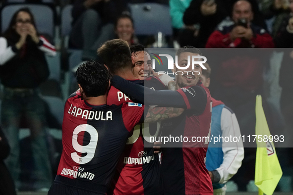 Gabriele Zappa (#28 Cagliari Calcio) celebrates during the Serie A TIM match between Cagliari Calcio and AC Milan in Italy on November 9, 20...